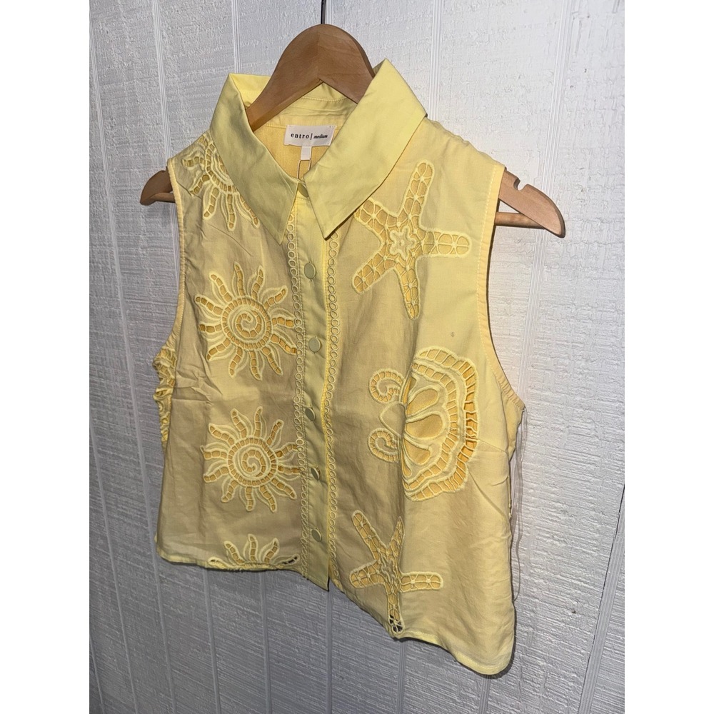 Entro Sleeveless Button Down Top Women Yellow Sun Starfish Eyelet T29935 Medium - Picture 2 of 6